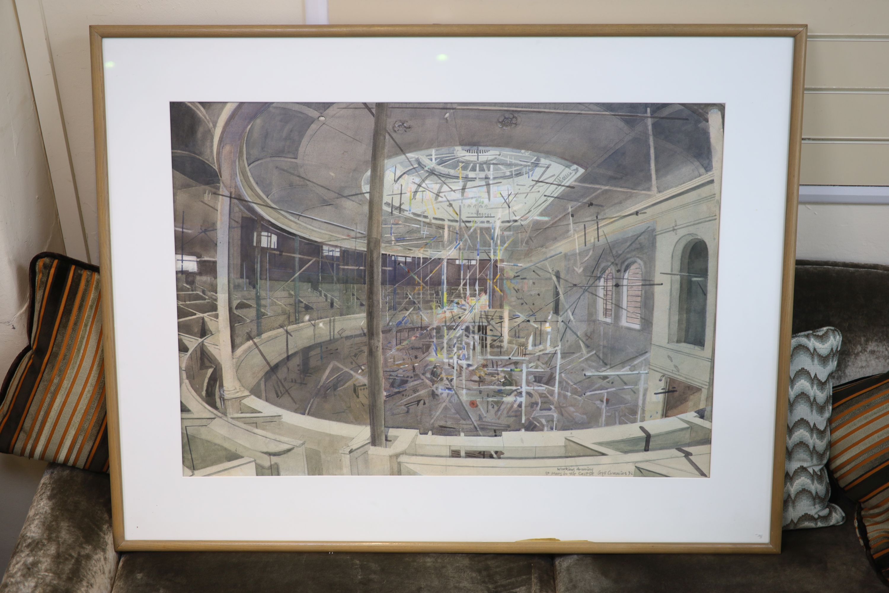 Gus Cummins (1943-), watercolour, 'Working drawing-St Mary's in the Castle', signed and dated '92, 68 x 97cm